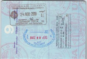Costa Rica stamps on a page of a US passport.