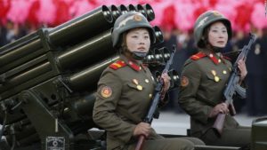 Female soldiers receive a hard tough training in the North Korean army.