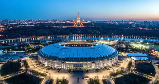 Night view of Moscow's Olympic Stadium.