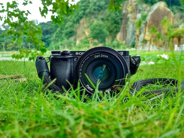 A photography camera in the grass
