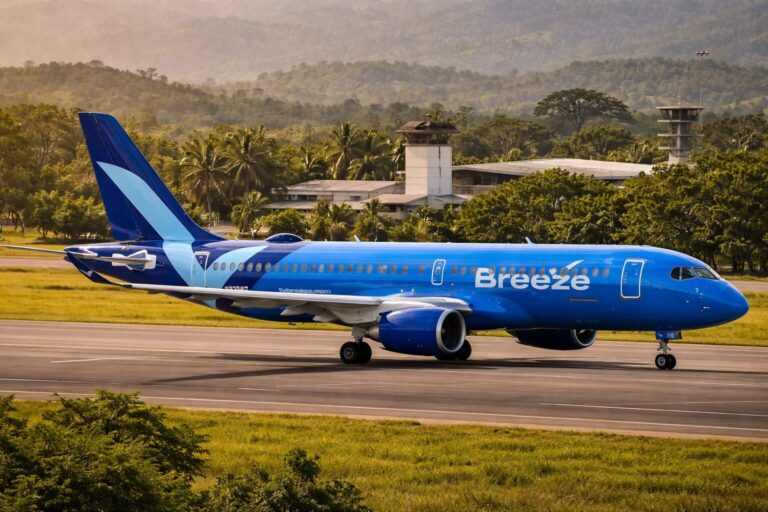Breeze Airways aircraft arriving in Costa Rica with tropical landscape and airport runway