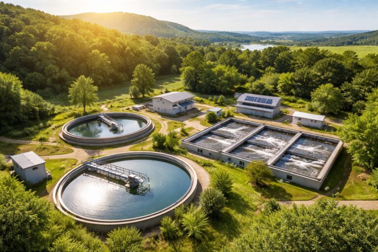 Decentralized wastewater treatment system supporting climate resilience with circular tanks and modern facilities in a green landscape