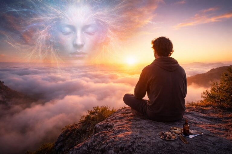 Person meditating above clouds at sunrise symbolizing psychedelic experience and reduced fear of death