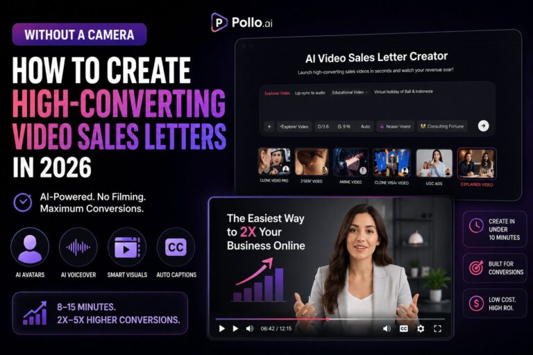 AI-generated video sales letter creation workflow with avatar presenter, marketing script, and conversion-focused landing page.