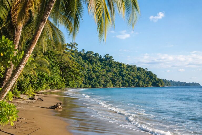 Tropical Caribbean coastline in Limón, Costa Rica, with turquoise waters, palm-fringed beaches, lush rainforest, and vibrant coastal scenery under a sunny sky.