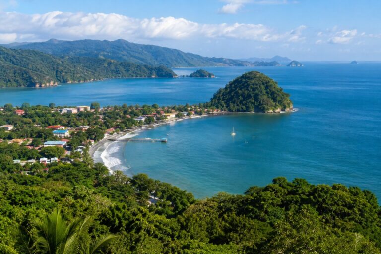 Panoramic view of Puntarenas, Costa Rica, featuring lush rainforest, mangrove estuaries, the Pacific coastline, and tropical landscapes under a clear blue sky.