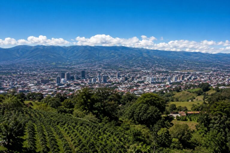 Scenic panorama of San José, Costa Rica, featuring the capital city surrounded by lush mountains, coffee plantations, and the fertile Central Valley beneath a clear blue sky.