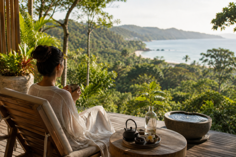 Wellness tourism traveler enjoying a peaceful nature retreat focused on relaxation and mindful living