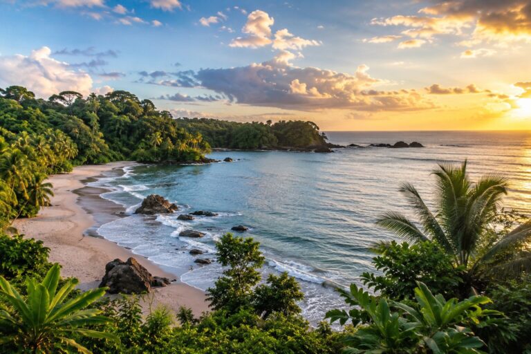 Costa Rica wellness capital overlooking a tropical coastline at sunset