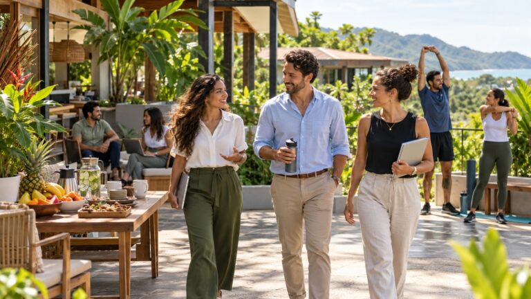Workplace Wellness inspired by Costa Rica’s Nicoya Peninsula, with healthy food, movement, and team connection in a tropical setting.